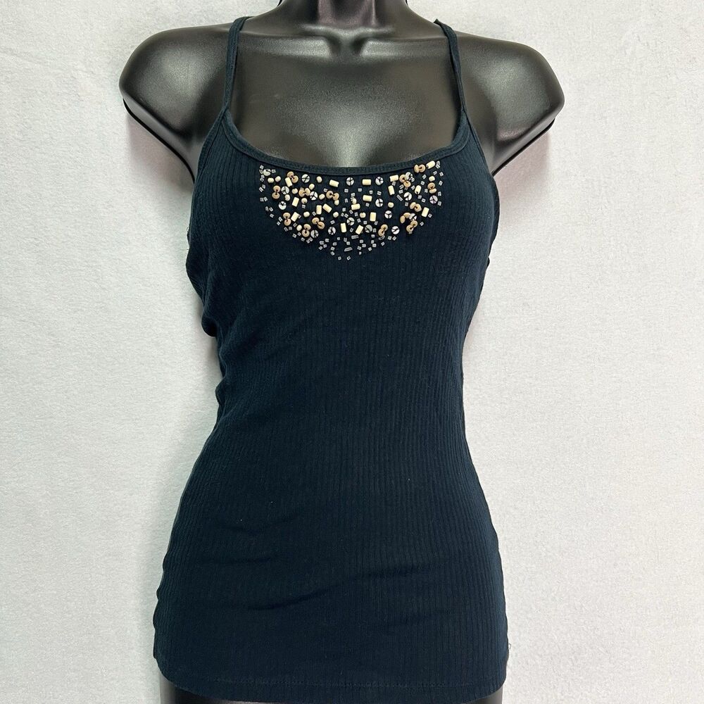 Poof Beaded Ribbed Racerback Tank Top Medium Black Y2K Stretch Cami Layering